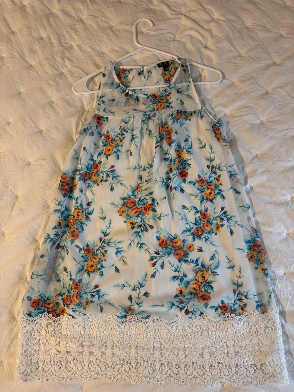 Lily Rose White Floral Mini Dress with Blue Foliage & Yellow Roses